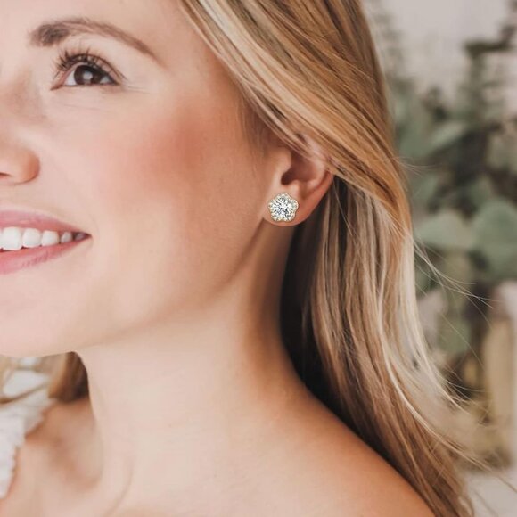 Wedding Sterling Silver & Cubic Zirconia Flower Stud Earrings Set for Women - Id - Picture 3 of 6